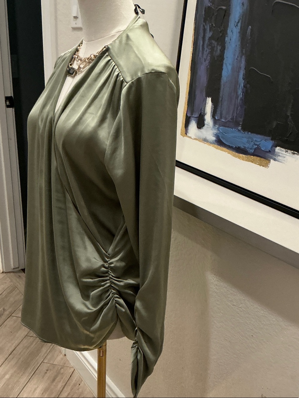 White House Black Market Sage Green Satin Wrap-Style Blouse - Picture 2 of 5